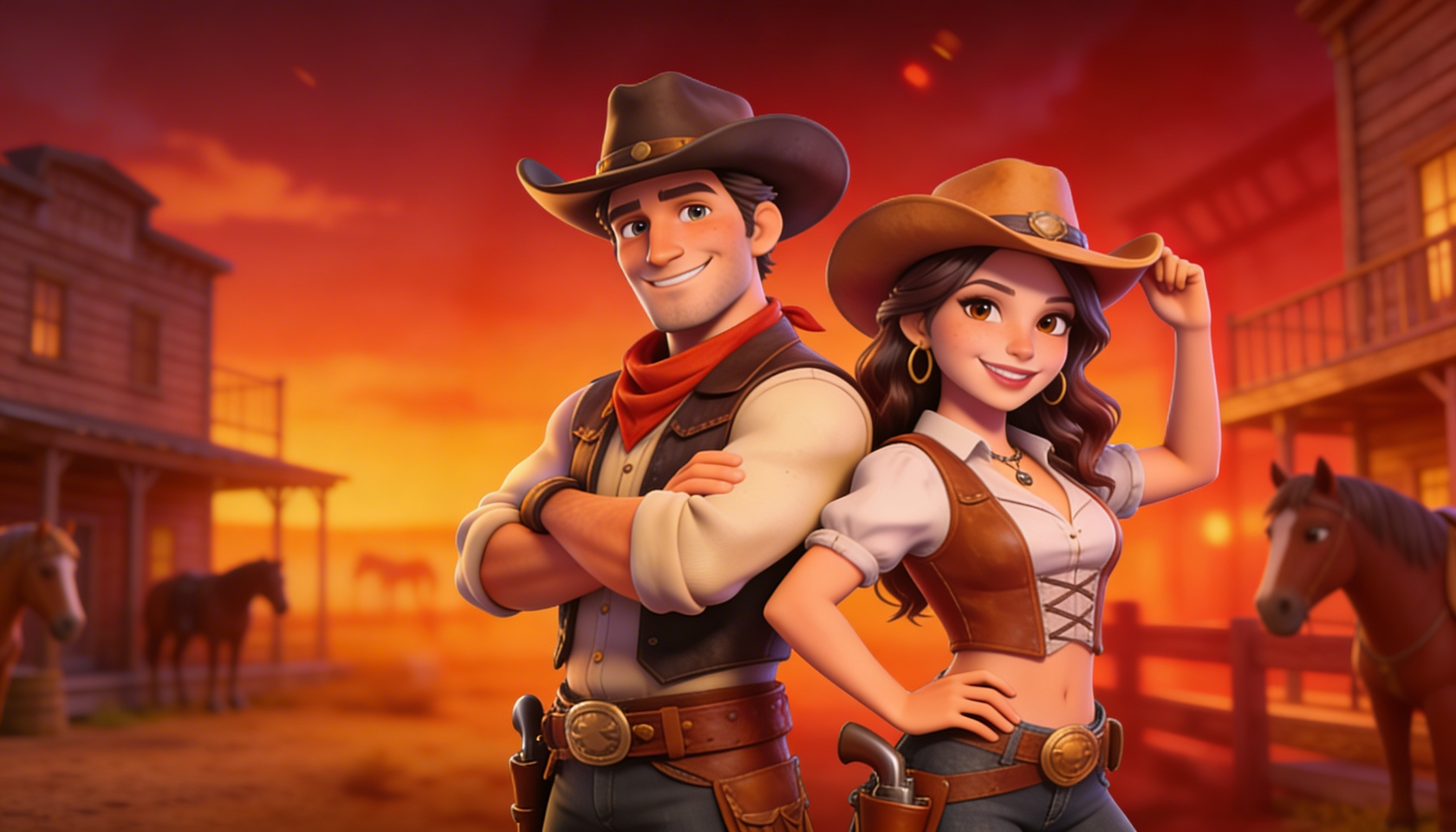 Yep Casino Wild West tematikos baneris — kaubojus ir kaubojė saulėlydžio fone Vakarų miestelyje